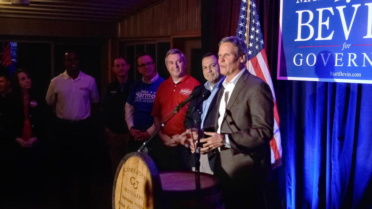 Tennessee Gov. Bill Lee, speaking at Casey Jones Distillery, during a campaign event Friday, Oct. 26, 2019, where he endorsed Kentucky Gov. Matt Bevin's re-election bid. (Photo by Cory Sharber, WKMS)