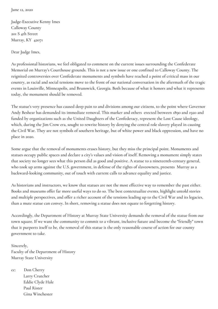 Murray State History Department letter