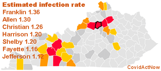 Louisville-Bluegrass corridor coronavirus infection rates graphic