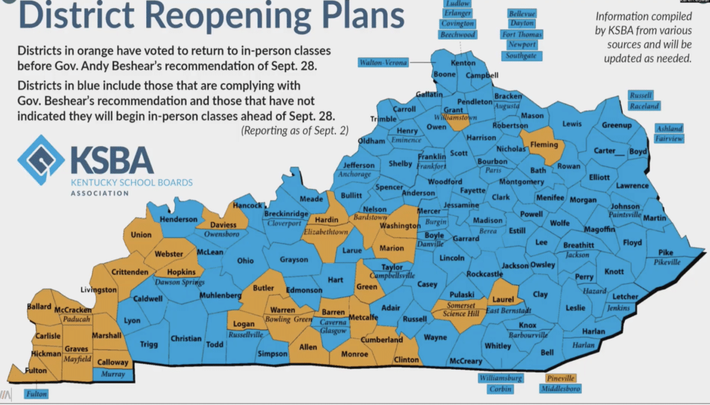Kentucky graphic districts with in-person classes and virtual learning