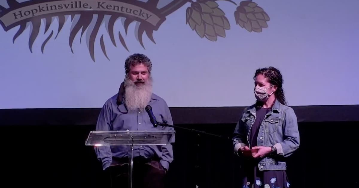 Hopkinsville Brewing Co. owners Joey Medeiros and Kate Russell at small business awards ceremony