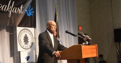 Retired educator Livy Peterson Jr. speaks to the 2021 Unity Breakfast audience after learning he was the recipient of the Hal and Bettye Thurmond Award. (Photo by Toni Riley)
