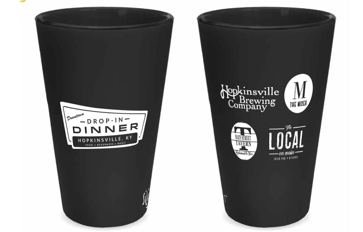 glasses branded with logos of hopkinsville restaurants