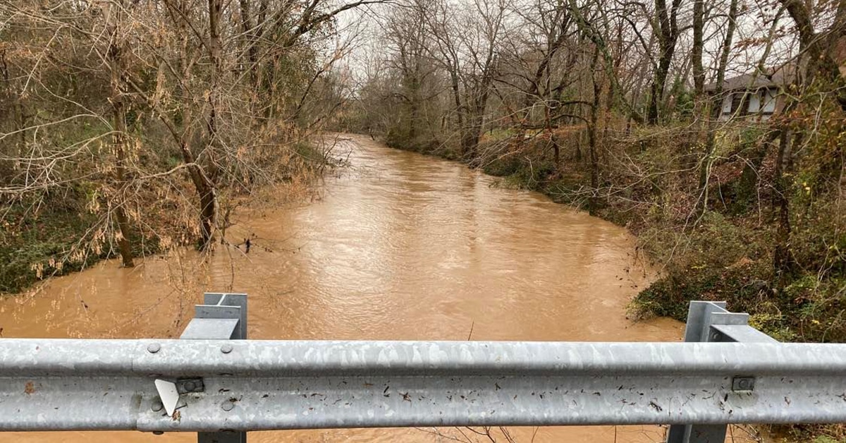 Little River seen from a bridge in the Givens addition neighborhood around 8 a.m. Saturday, Dec. 11, in Hopkinsville. (Photo by Jennifer P. Brown, Hoptown Chronicle)