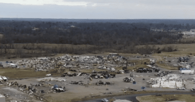 Aerial footage from WDRB Saturday shows the remains of a Mayfield, Ky. candle factory destroyed in a tornado. (WDRB photo)