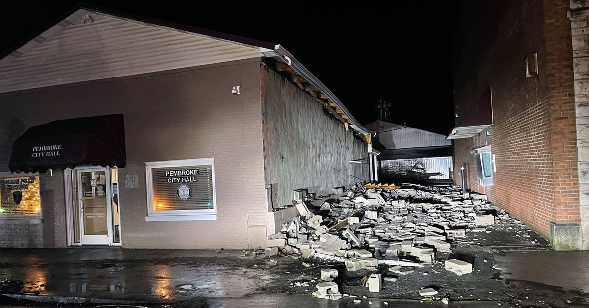 Pembroke City Hall was among the buildings damaged by the storm. (Pembroke Fire Department photo)