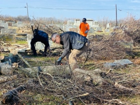 Retired Hopkinsville businessman Tim Moore uses a chainsaw in Pembroke’s Rosedale Cemetery on Tuesday, Dec. 14, 2021. (Photo by Jennifer P. Brown, Hoptown Chronicle)