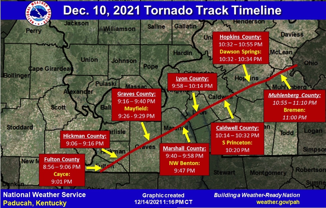 Tornado That Hit Mayfield Dawson Springs And Princeton Was An EF4   Tornado Track Dec 10 Timeline 