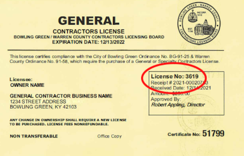 bowling green contractor's license