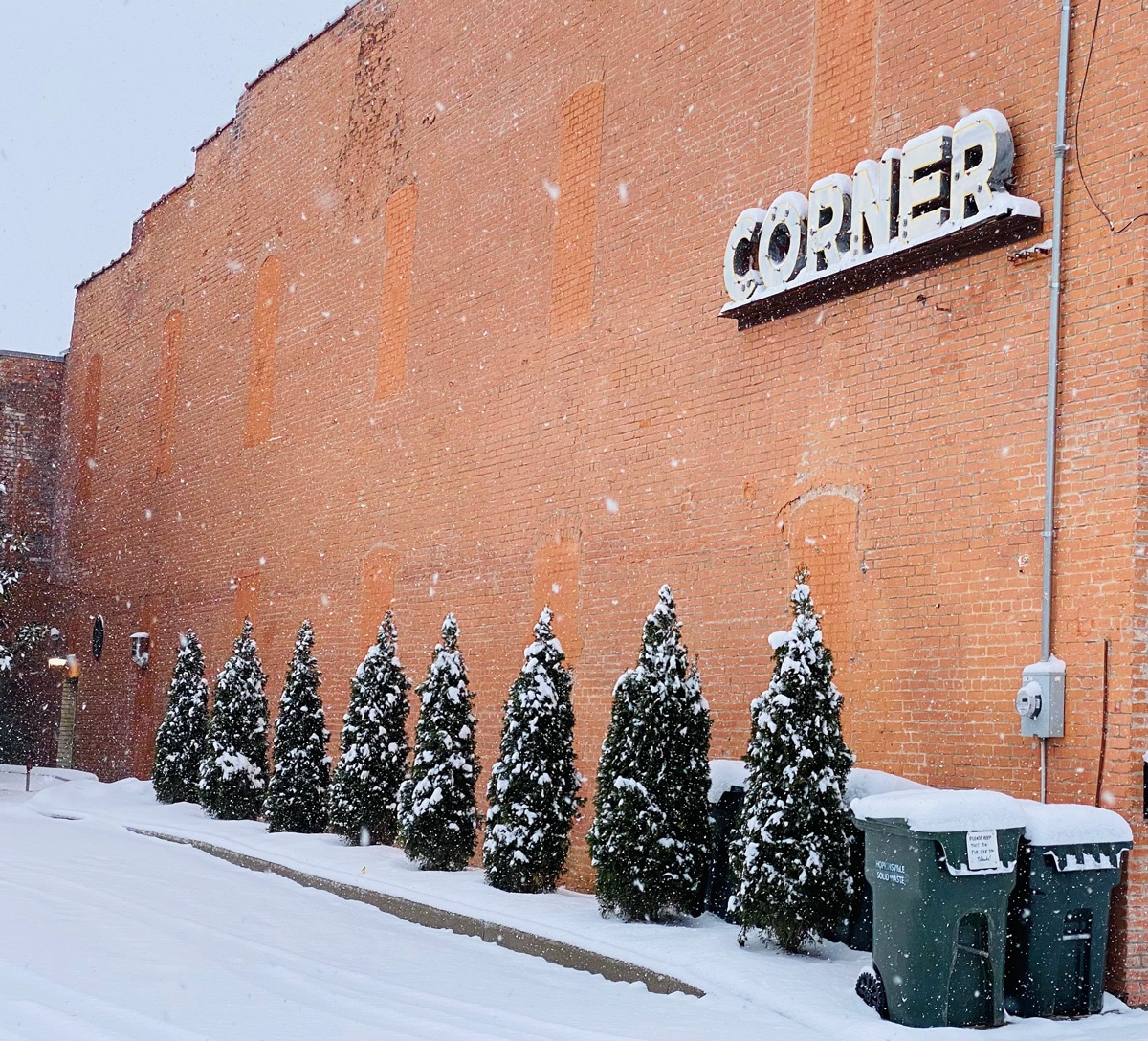 Snow rests on evergreen trees that line the Butter and Grace building at Seventh and Virginia streets in Hopkinsville on Thursday, Jan. 6, 2022. (Photo by Jennifer P. Brown)
