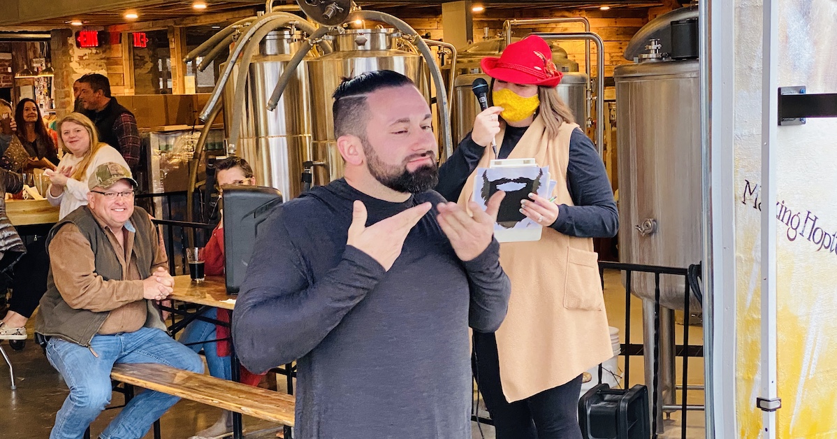 Jordan Ladd poses for judges in the 2020 beards competition during Hoptoberfest at Hopkinsville Brewing Co. (Hoptown Chronicle photo by Jennifer P. Brown)