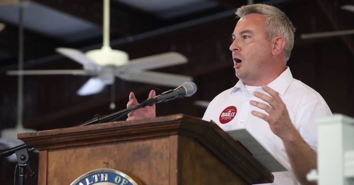 Kentucky Commissioner of Agriculture Ryan Quarles speaks at Fancy Farm 2022 in Graves County as he campaigns for the 2023 GOP gubernatorial primary. (WFPL photo by Roberto Roldan)