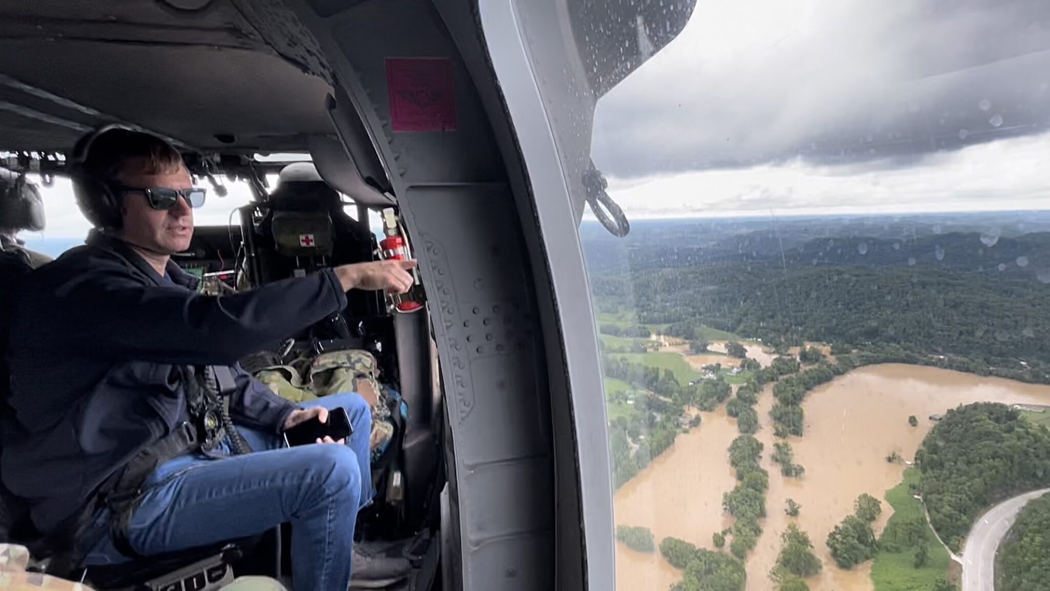 andy beshear in helicopter over flooding