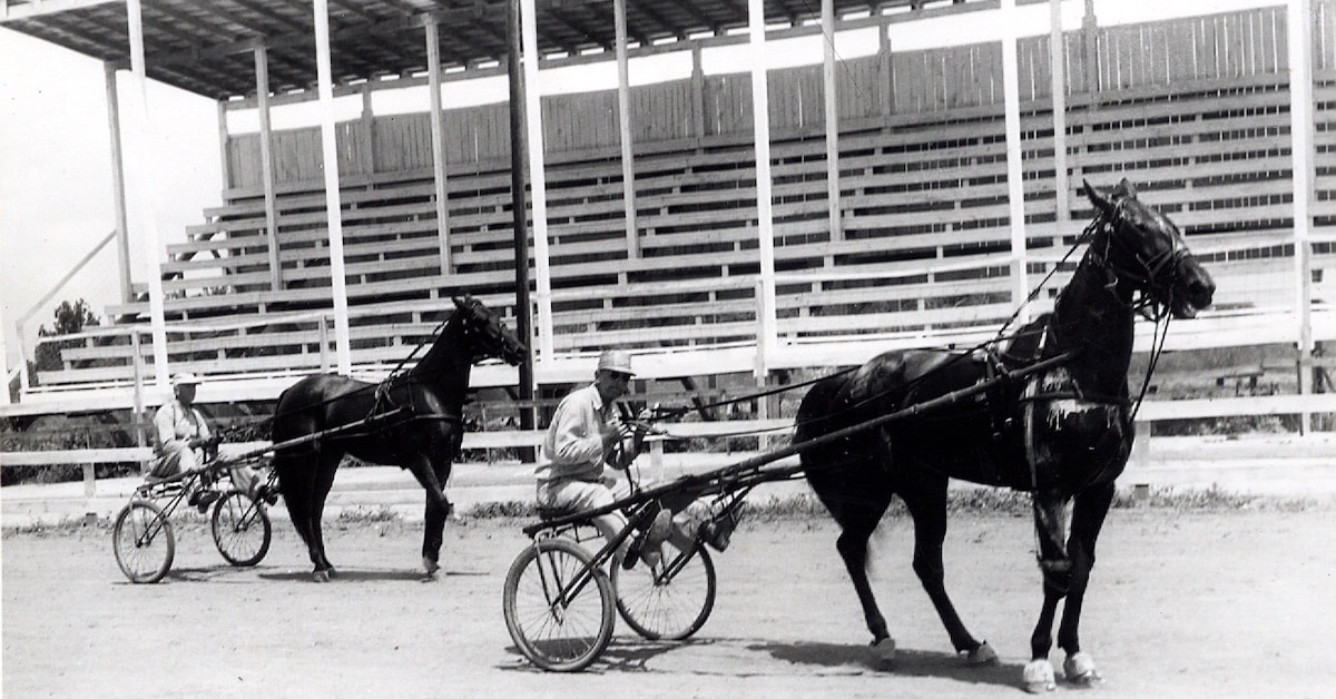 Two Christian County horsemen — H.G. Adcock (right) driving Lady Goose, a 2-year-old pacer, and Dave Mitchell driving Lucky Coin, a 5-year-old trotter — condition their horses during a morning workout prior to the Pennyroyal Fair races. The photo was taken in the mid-1950s. (From the collection of William T. Turner)