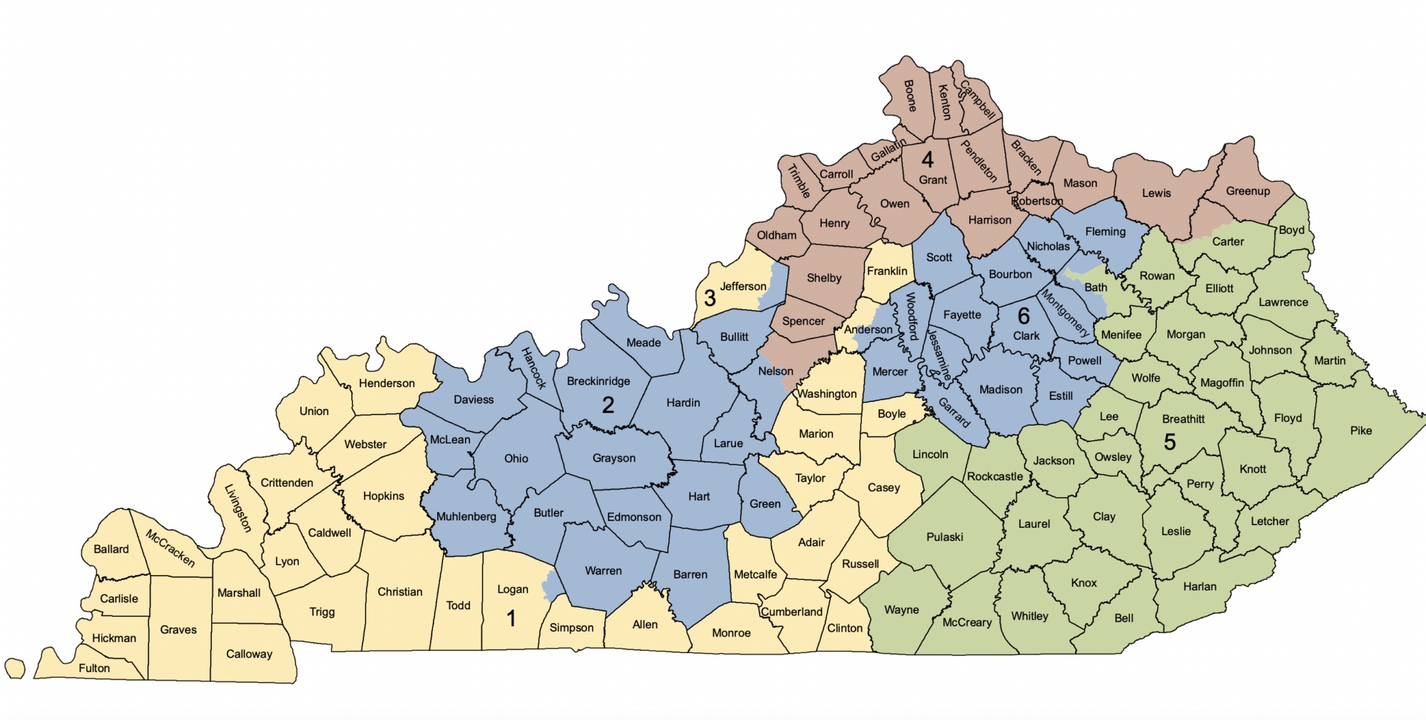 The boundaries of Kentucky’s six congressional districts, redrawn in 2022, are being challenged before the Kentucky Supreme Court, which will hear arguments in the case Sept. 19. Of special interest is what political scientist Stephen Voss calls the “Comer hook,” extending the 1st Congressional District from the Mississippi River to Frankfort. (Kentucky Legislative Research Commission image)