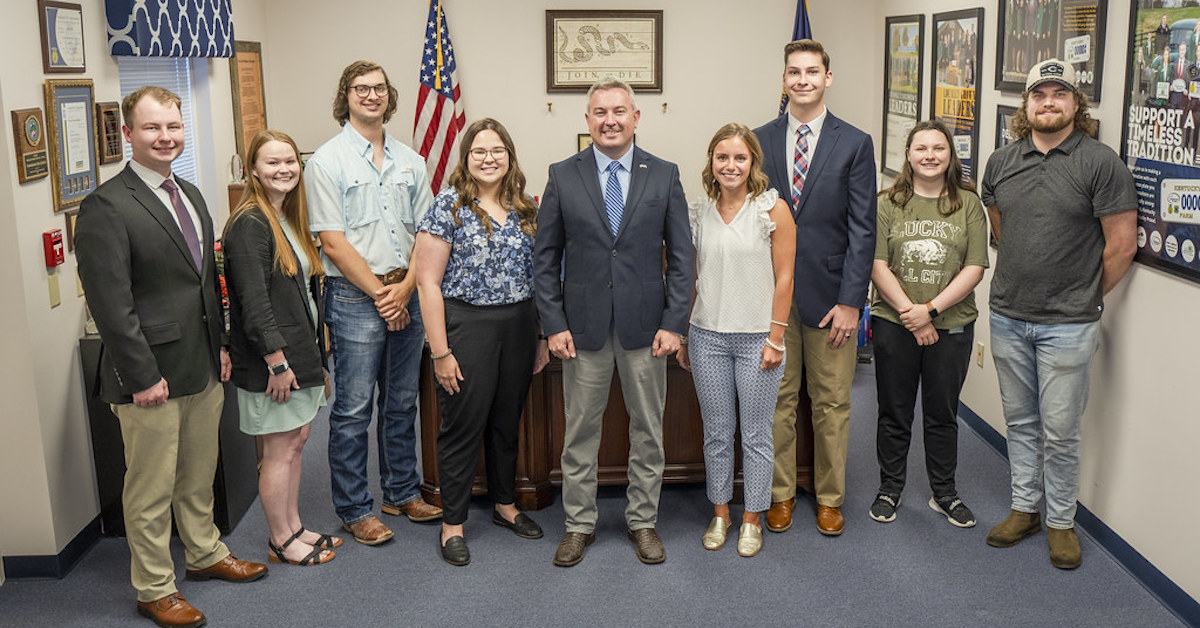 Kentucky Department of Agriculture college interns and the state ag commissioner are (from left) Braden Porter, Morgynne Lunsford, Landon Muse, Madison Wilmoth, Commissioner Ryan Quarles, Gracie Mika, Benjamin Williams, Riley Milby and Emery Poore. (Kentucky Department of Agriculture photo)