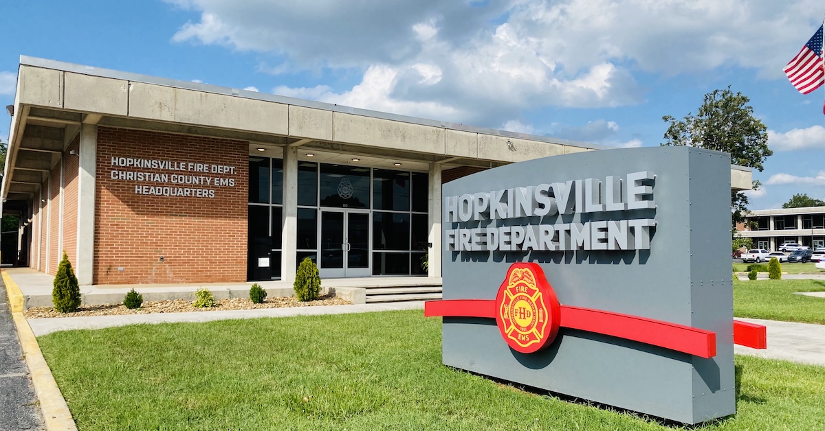 Hopkinsville Fire Department and Christian County Emergency Medical Services Headquarters on West First Street. (Hoptown Chronicle photo by Jennifer P. Brown)