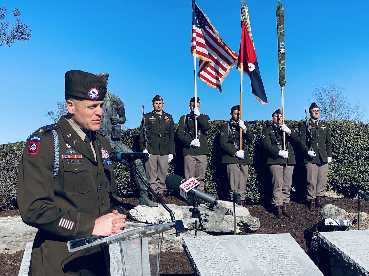 Col. James C. Stultz, commander of the 2nd Brigade Combat Team at Fort Campbell, speaks Tuesday, Dec. 12, 2023, at the Gander memorial service in Hopkinsville. (Hoptown Chronicle photo by Jennifer P. Brown)