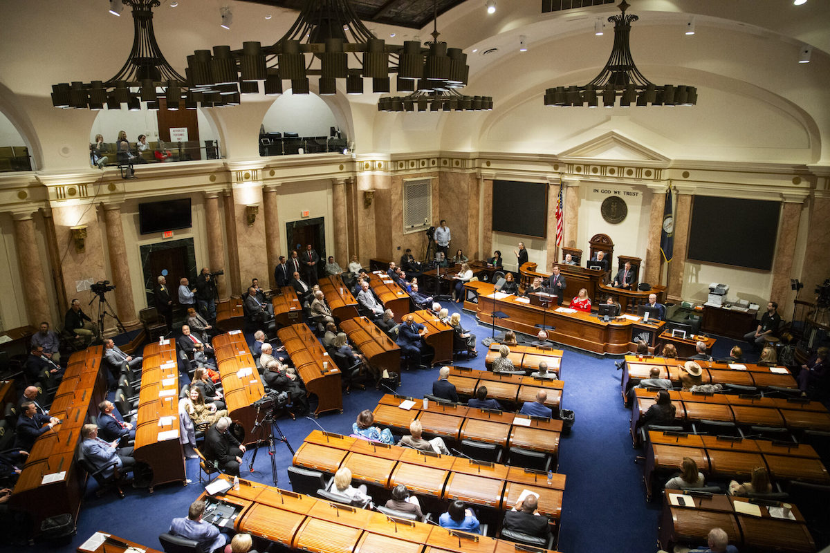 The Kentucky House of Representatives chamber on Jan. 3, 2024, as Gov. Andy Beshear delivers the State of the Commonwealth address to a joint session of the legislature. (Kentucky Lantern photo by Arden Barnes)