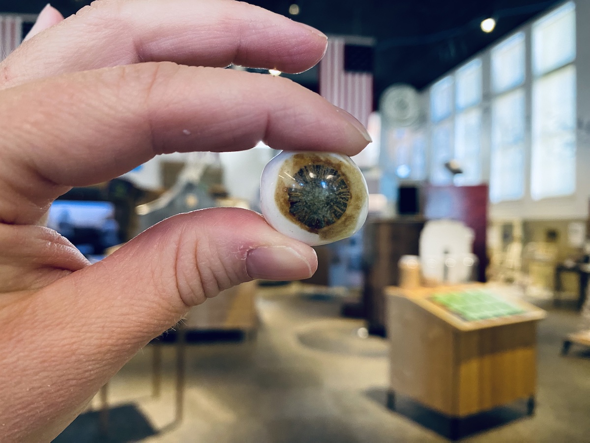 This artificial eye is one of the smallest artifacts in the Pennyroyal Area Museum's collection. (Hoptown Chronicle photo by Jennifer P. Brown)