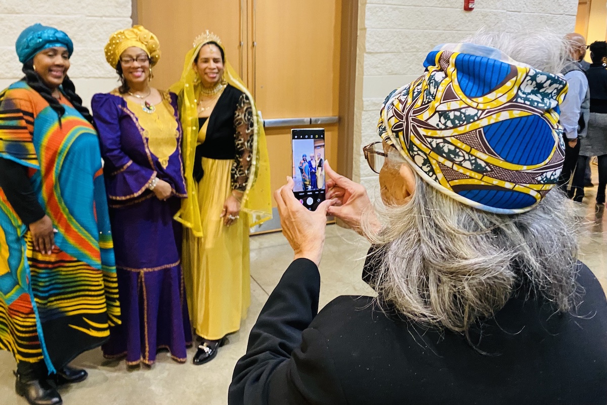 Posing for a photo in their colorful outfits at the African American Heritage Breakfast on Saturday, Feb. 24, 2024, are (from left) Pamela Leonard, Kimberly Timberlake and Hopkinsville City Council member Natasha Francis. (Hoptown Chronicle photo by Jennifer P, Brown)