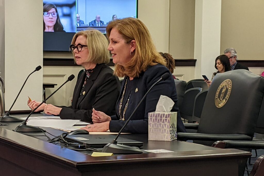 Reps. Lisa Willner, left, and Kim Moser present HB 115 to the
House Health Services Committee. (Photo by Melissa Patrick)