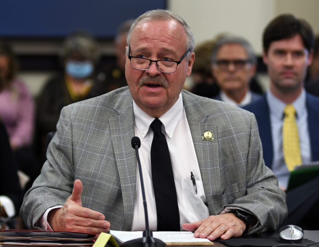 FRANKFORT, March 10, -- Rep. Phillip Pratt, R-Georgetown, presents House Bill 48, a bill that would increase the penalties for falsely reporting an incident that results in an emergency response, in the Senate Judiciary Committee.
