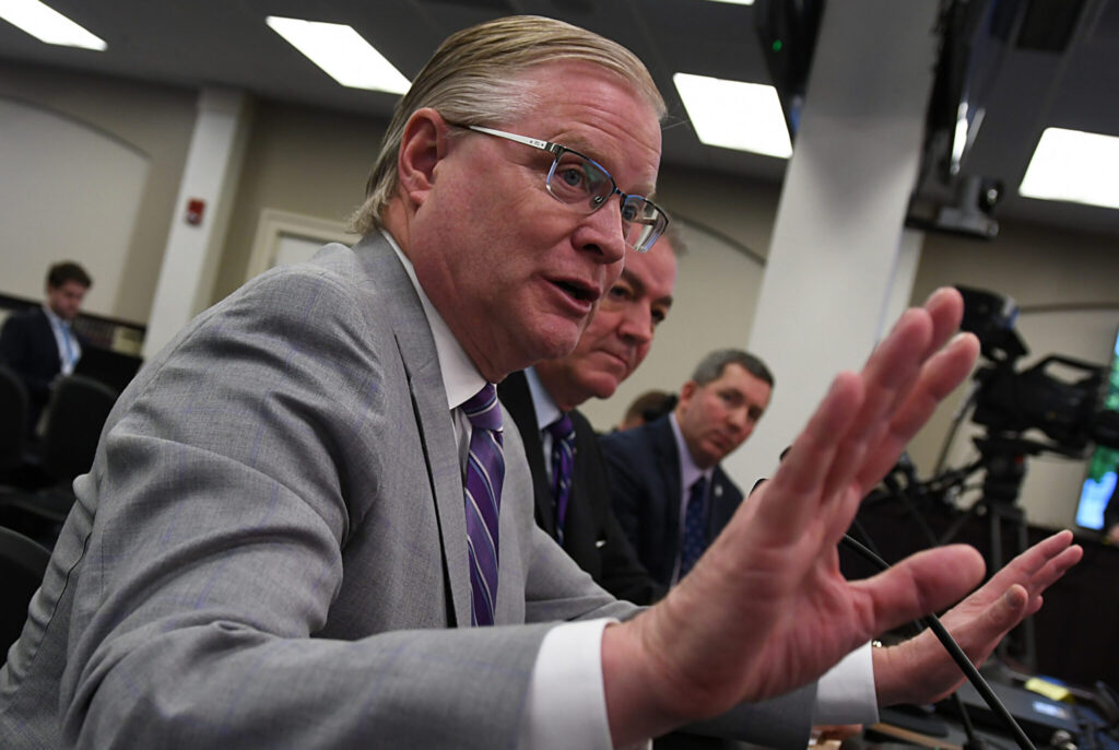Senate Majority Floor Leader Damon Thayer, R-Georgetown, discusses Senate Bill 299, an act related to the Kentucky Horse Racing Commission, during Tuesday’s Senate Committee on Economic Development. Tourism and Labor meeting. (LRC Public Information)