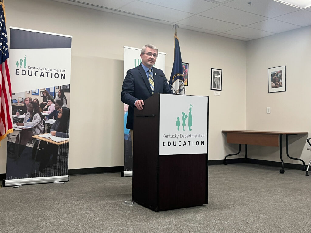 Robbie Fletcher, the next Kentucky education commissioner, speaks to media at the Kentucky Department of Education on Monday. (Kentucky Lantern photo by McKenna Horsley)