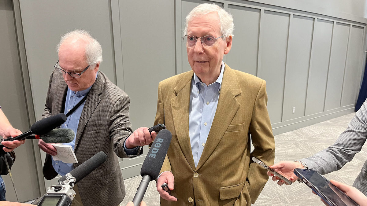 U.S. Senate Republican Leader Mitch McConnell takes questions from reporters after an event Wednesday, April 3, 2024, in Shelbyville. (Kentucky Lantern photo by McKenna Horsley)