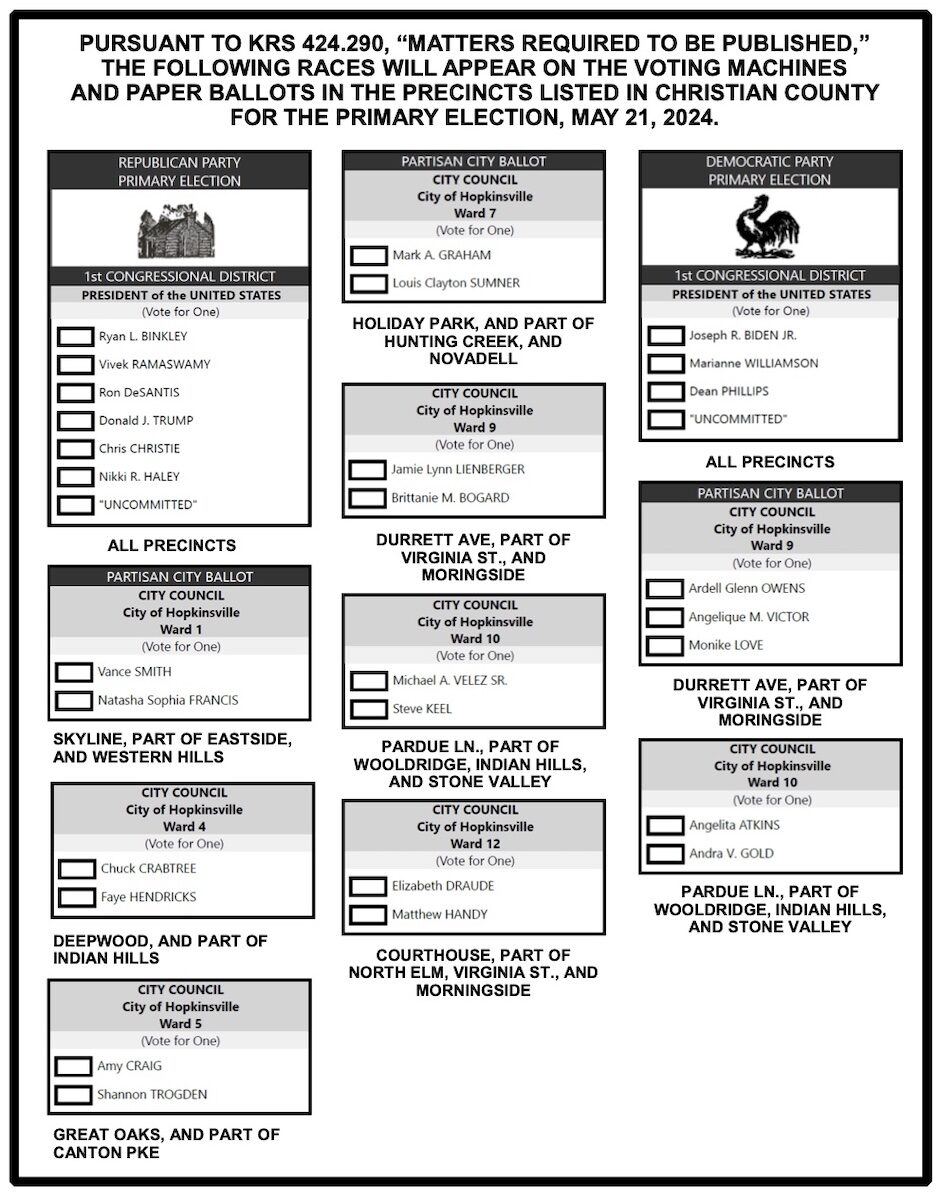 kentucky primary election ballot for christian county