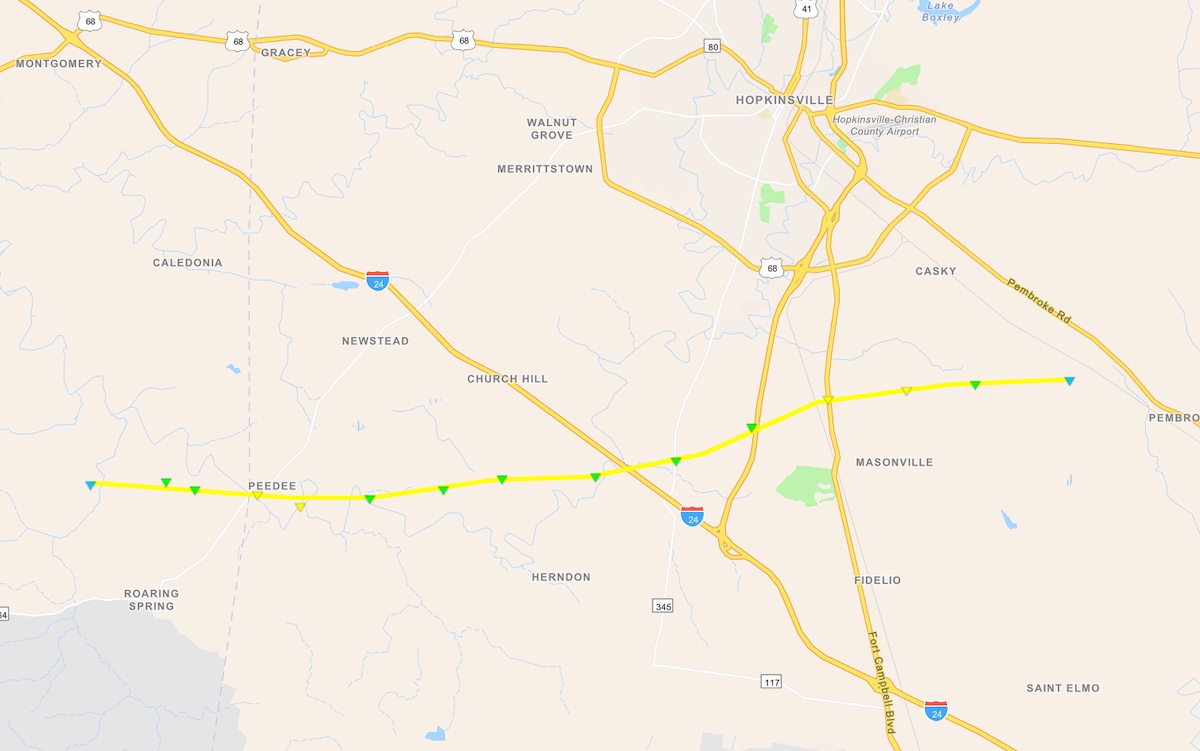 A National Weather Service map shows the path of an EF-2 tornado on Sunday, May 26, 2024, that traveled from southeast of Cadiz in Trigg County to just northwest of Pembroke in Christian County.