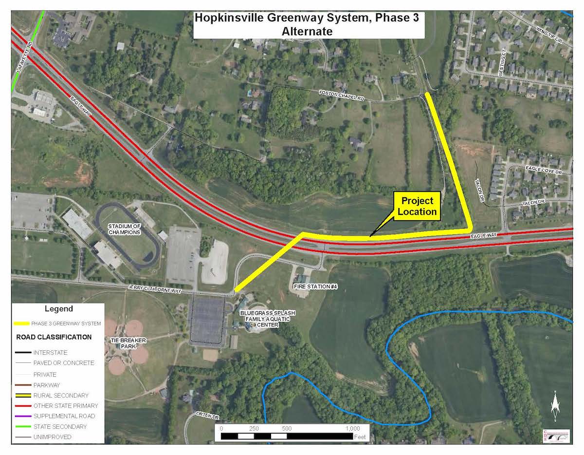 This alternate plan for the Phase III extension of the Hopkinsville Greenway shortens the path that would run alongside Eagle Way bypass and uses a pedestrian bridge to cross over the bypass. A city official said the map gives a general location for the bridge. Engineers would have to determine the best location. (City of Hopkinsville image)