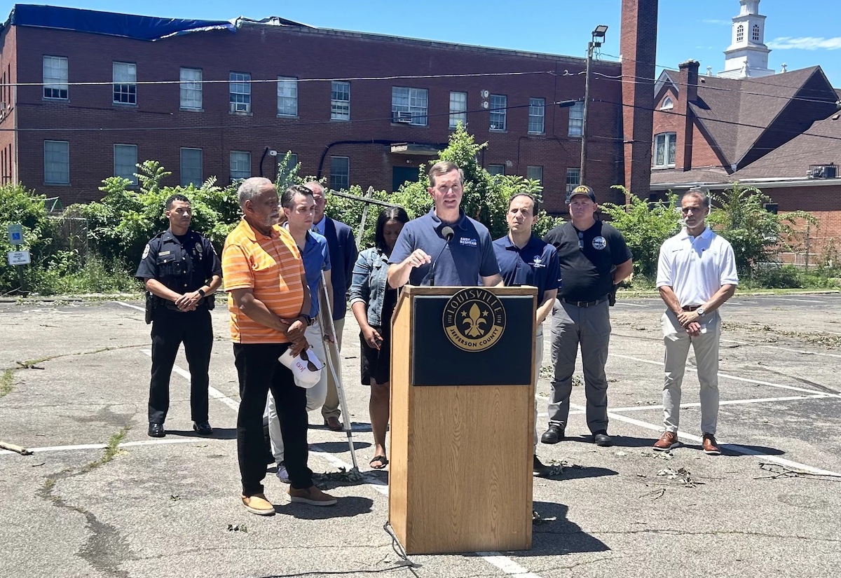 Gov. Andy Beshear speaks at a press conference on Friday, July 5, 2024 on a recent tornado in Louisville before addressing his recent meeting with President Joe Biden a couple days before. (Kentucky Public Radio photo by Sylvia Goodman)