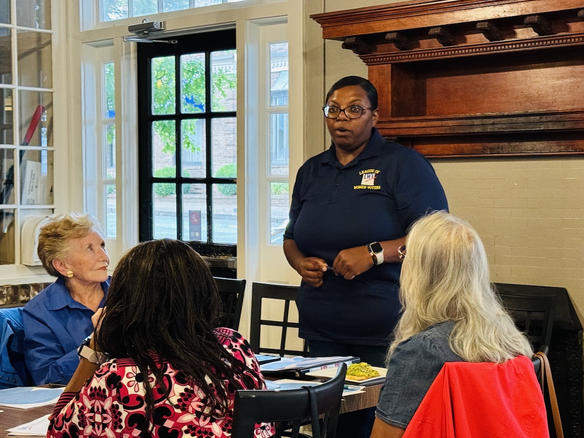 Nikki Chambers, president of the Hopkinsville League of Women Voters, speaks to members during a meeting Monday, July 8, 2024, at The Corner Coffeehouse. (Hoptown Chronicle photo by Jennifer P. Brown(