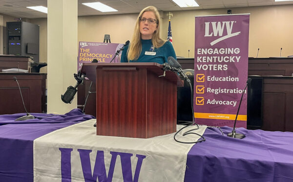 Kentucky League of Women Voters President Jennifer Jackson at podium