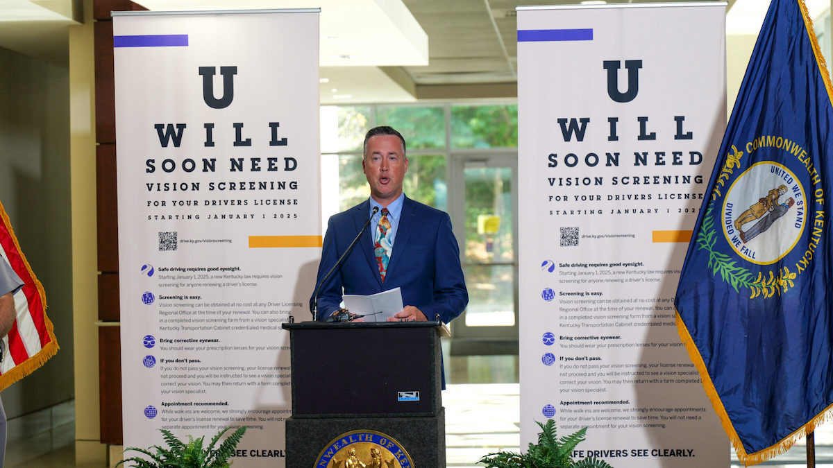 Matt Cole, commissioner of the Kentucky Department of Vehicle Regulation, explains the new vision screening requirement earlier this year. (Kentucky Transportation Cabinet photo)