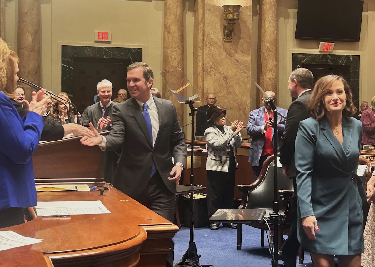 Kentucky Democratic Gov. Andy Beshear ahead of the the State of the Commonwealth Address on Wednesday, January 8, 2025. (Kentucky Public Radio photo by Sylvia Goodman)