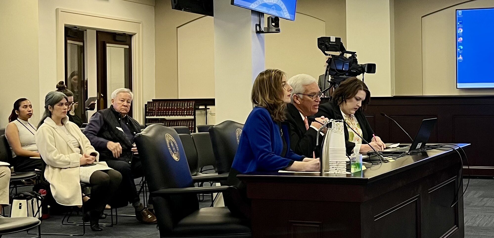 From left, Auditor Allison Ball, Sen. Stephen Meredith, R-Leitchfield, and Lorran Hart Ferguson, the auditor’s chief of staff, address legislative committee, Feb. 27, 2025. (Kentucky Lantern photo by Sarah Ladd)