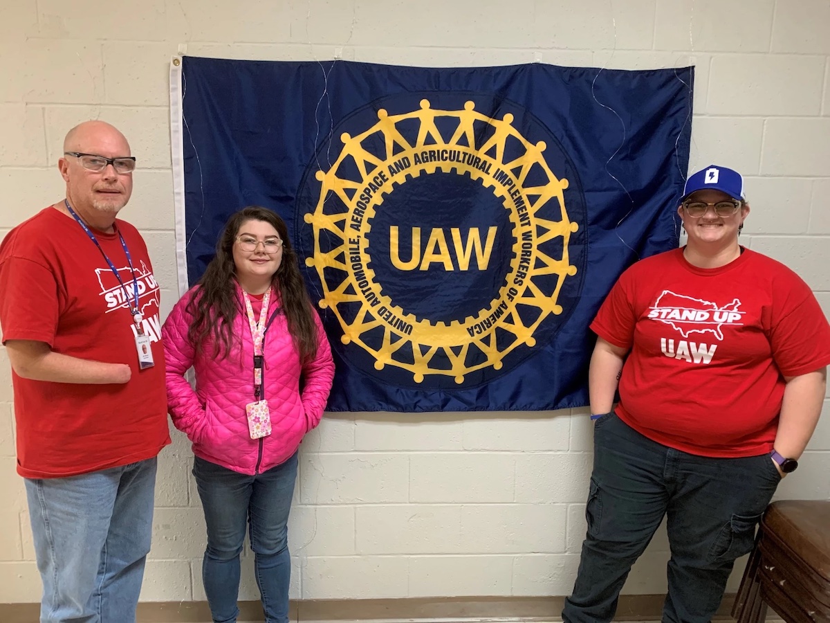 BlueOval SK workers Bill Wilmoth, Alisha Miller, and Halee Hadfield are helping lead the organizing effort at the Glendale, KY EV battery plant. (WKU Public Radio photo by Lisa Autry)