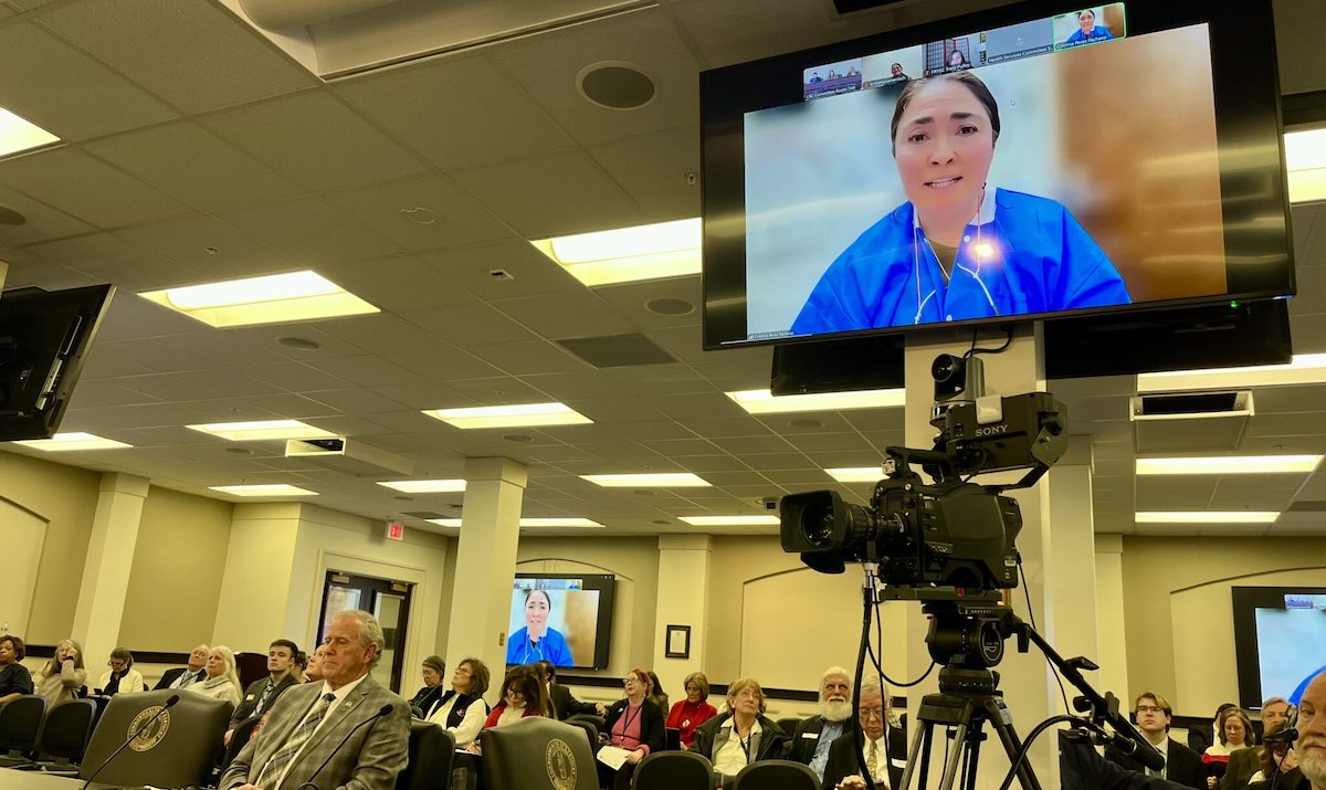 Dr. Cristina Perez, a pediatric dentist and the pediatric dental program director at the University of Kentucky, testifies on Thursday, Feb. 20, 2025, via Zoom in support of water fluoridation and against House Bill 16. (Kentucky Lantern photo by Sarah Ladd)