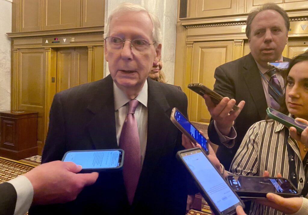 Mitch McConnel in front of recorders