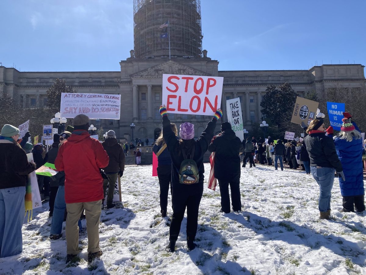 Anti-Trump protesters gather in front of the Kentucky Capitol for the second time in two weeks as part of the 50501 movement, Feb. 17, 2025. (Kentucky Lantern photo by Jamie Lucke)