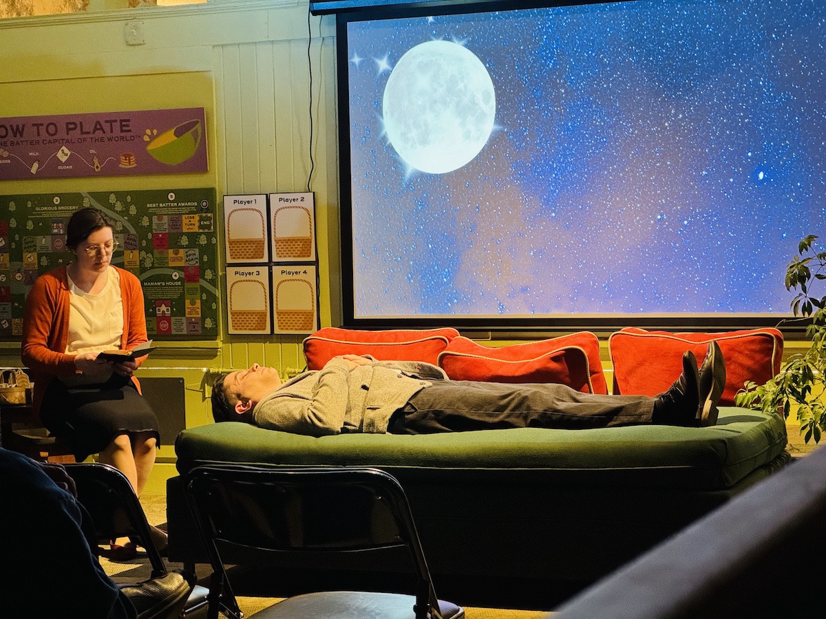 Grace Abernethy and Andrew Troche performing in "To Sleep Per Chance" for the 2025 Cayce Days seminar in downtown Hopkinsville. (Hoptown Chronicle photo by Jennifer P. Brown