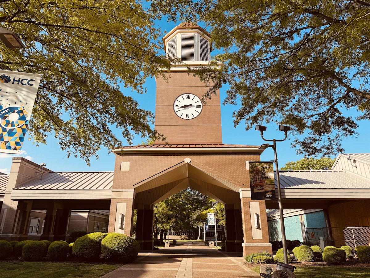 Hopkinsville Community College's clock tower on April 28, 2025. (Hoptown Chronicle photo by Jennifer P. Brown)