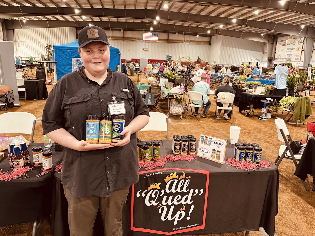Clayton Dixon at his booth featuring meat dry rubs and sauces on Saturday, April 12,2025, at the Garden and Outdoor Living Expo in Hopkinsvill. (Hoptown Chronicle photo by Jennifer P. Brown)