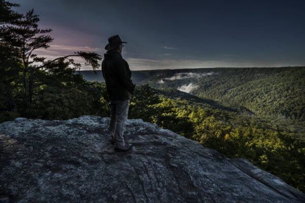 man lookinf on forest from mountain