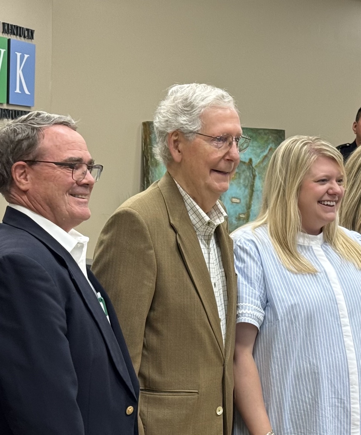 U.S. Sen. Mitch McConnell on Thursday, Aug. 14, 2025, at the Christian County Chamber of Commerce with Taylor Hayes (left), chamber president and CEO, and Chandler Ladd, director of membership development. (Hoptown Chronicle photo by Jennifer P. Brown)