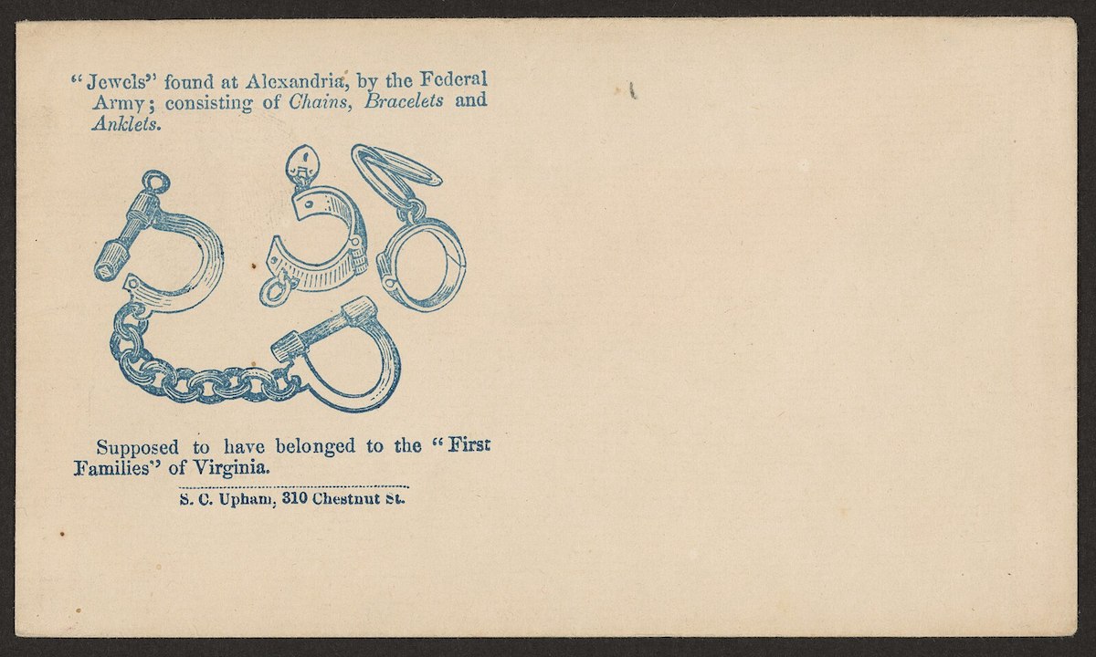 This drawing, which dates to the Civil War, shows chains and wrist and ankle restraints used by enslavers. (Wikimedia Commons image)