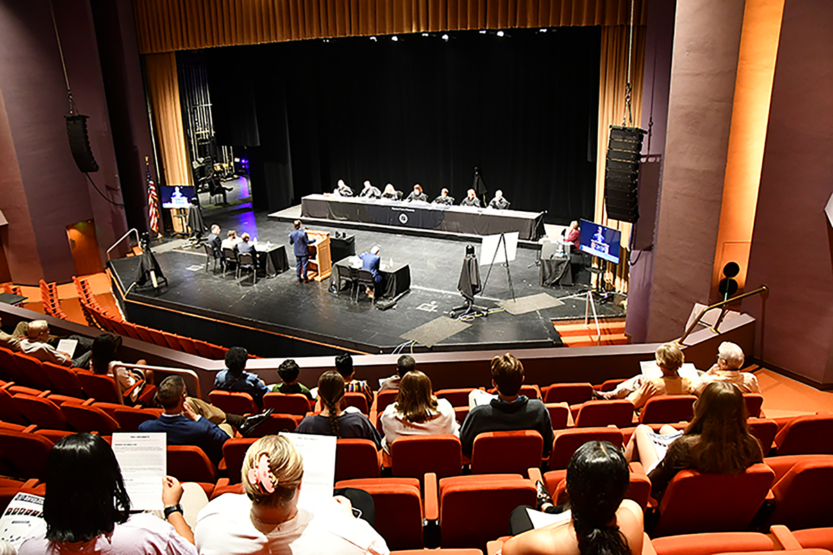 Audience members watch from above as the Kentucky Supreme Court hears oral arguments at Centre College’s Norton Center for the Arts in Danville. The justices convened at the college as part of its effort to make proceedings accessible to the public. (Administrative Office of the Courts photo)